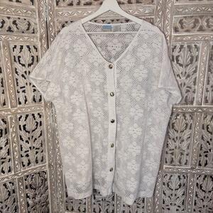 Le Cove Boho Travel White Lace Mesh Beach Swimsuit Cover Up w/Gold buttons 1X